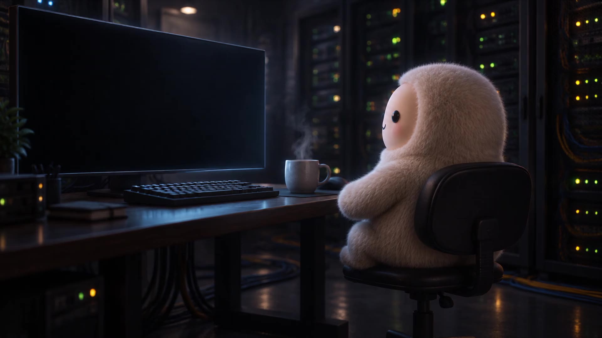 Muse, a small cream-furred creature, sits in an office chair in a dark server room, facing a large monitor. A mug steams on the desk.